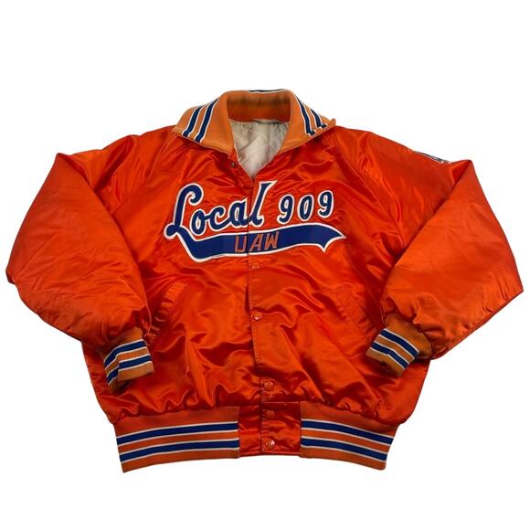 Vintage Warren Michigan Local 909 UAW Union Satin Orange Bomber Work Jacket - Picture 1 of 8